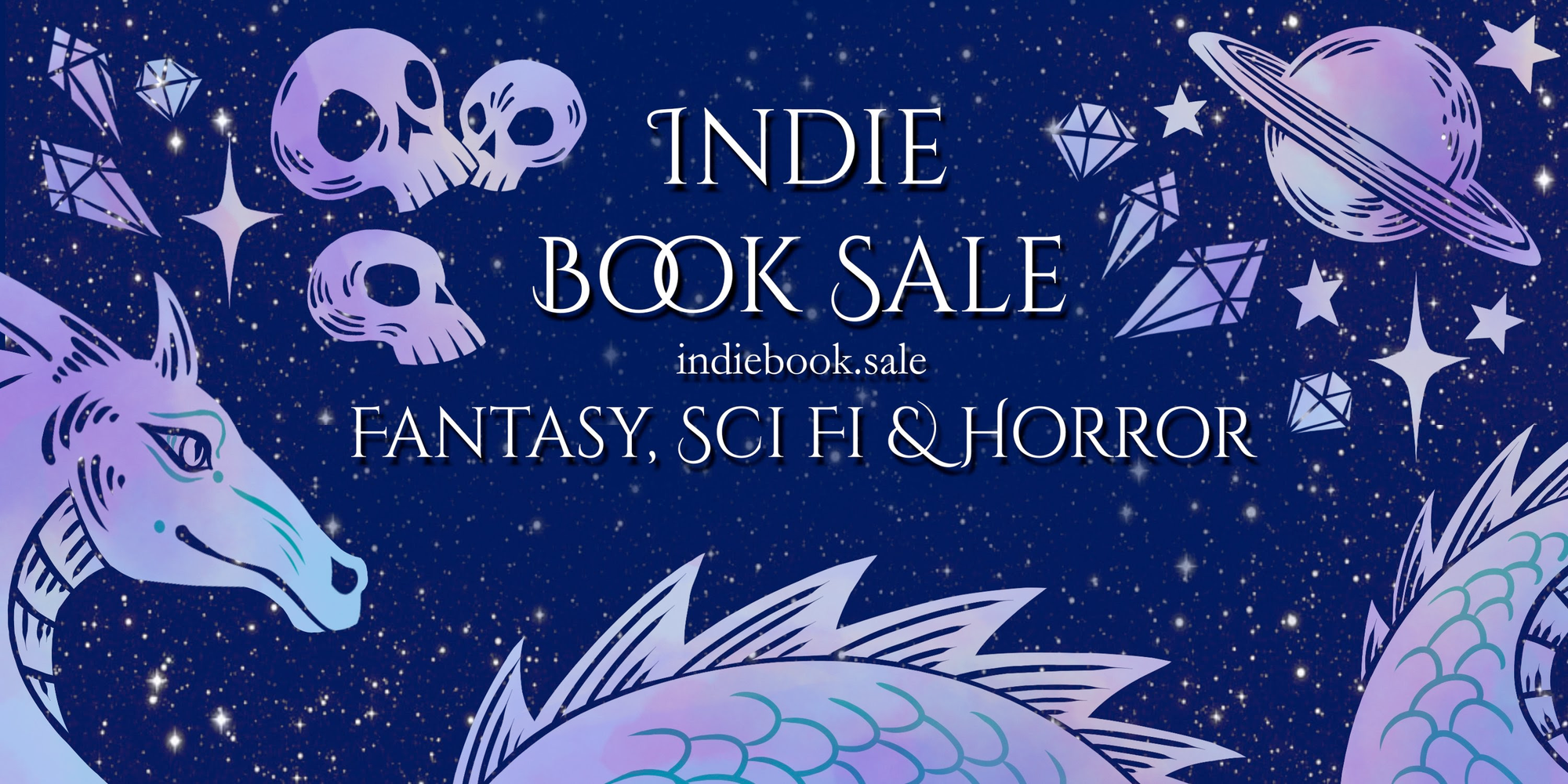 Banner for the Narratess Indie Book Sale. A chonky dragon reads a book at the bottom, a pile of skulls with a candle and ghost sit on the left of the text, and a space ship flies by a planet on the right of the text.   Text: Indie Book Sale  indiebook.sale  Fantasy, Sci FI & Horror
